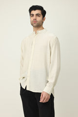 RAVELLO TEXTURED BAND COLLAR SHIRT-BEIGE