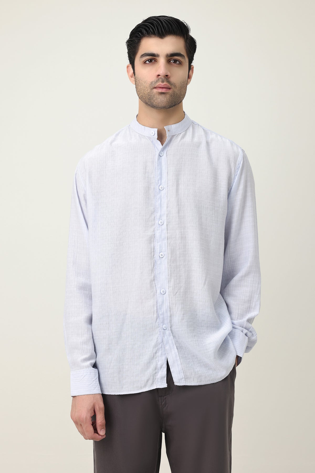 RAVELLO TEXTURED BAND COLLAR SHIRT-S/BLU