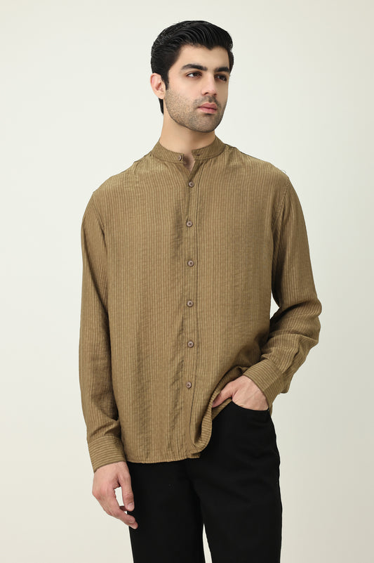 RAVELLO TEXTURED BAND COLLAR SHIRT-BROWN