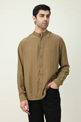 RAVELLO TEXTURED BAND COLLAR SHIRT-BROWN