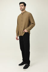 RAVELLO TEXTURED BAND COLLAR SHIRT-BROWN