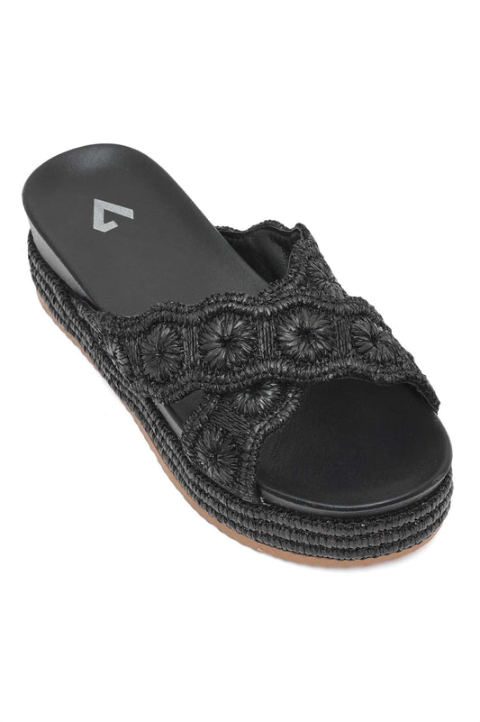 HANDWOVEN PLATFORM COMFORT SLIDE-BLACK