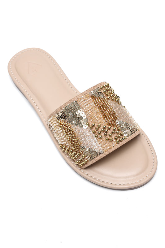 GOLDEN MOSAIC EMBELLISHED SLIDES-BEIGE