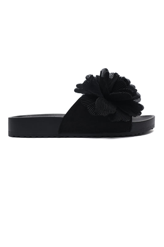 PLEATED BLOOM SLIDE SANDAL-BLACK
