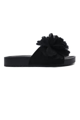 PLEATED BLOOM SLIDE SANDAL-BLACK