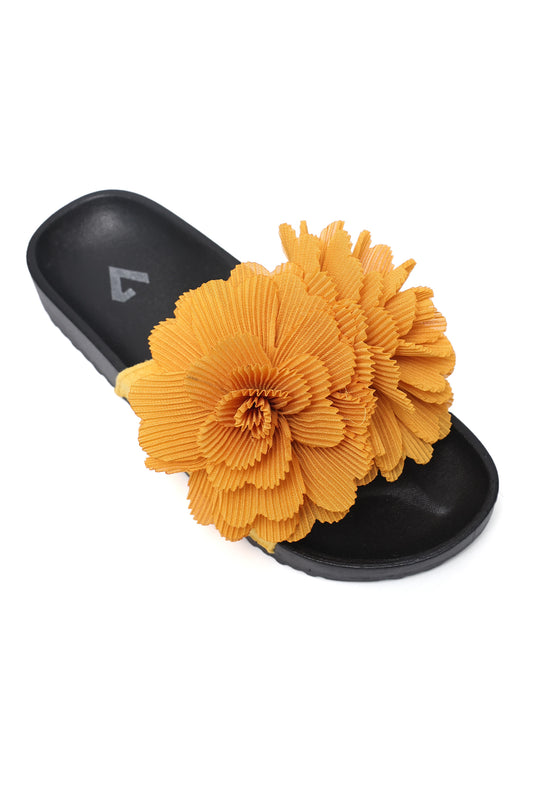 PLEATED BLOOM SLIDE SANDAL-YELLOW