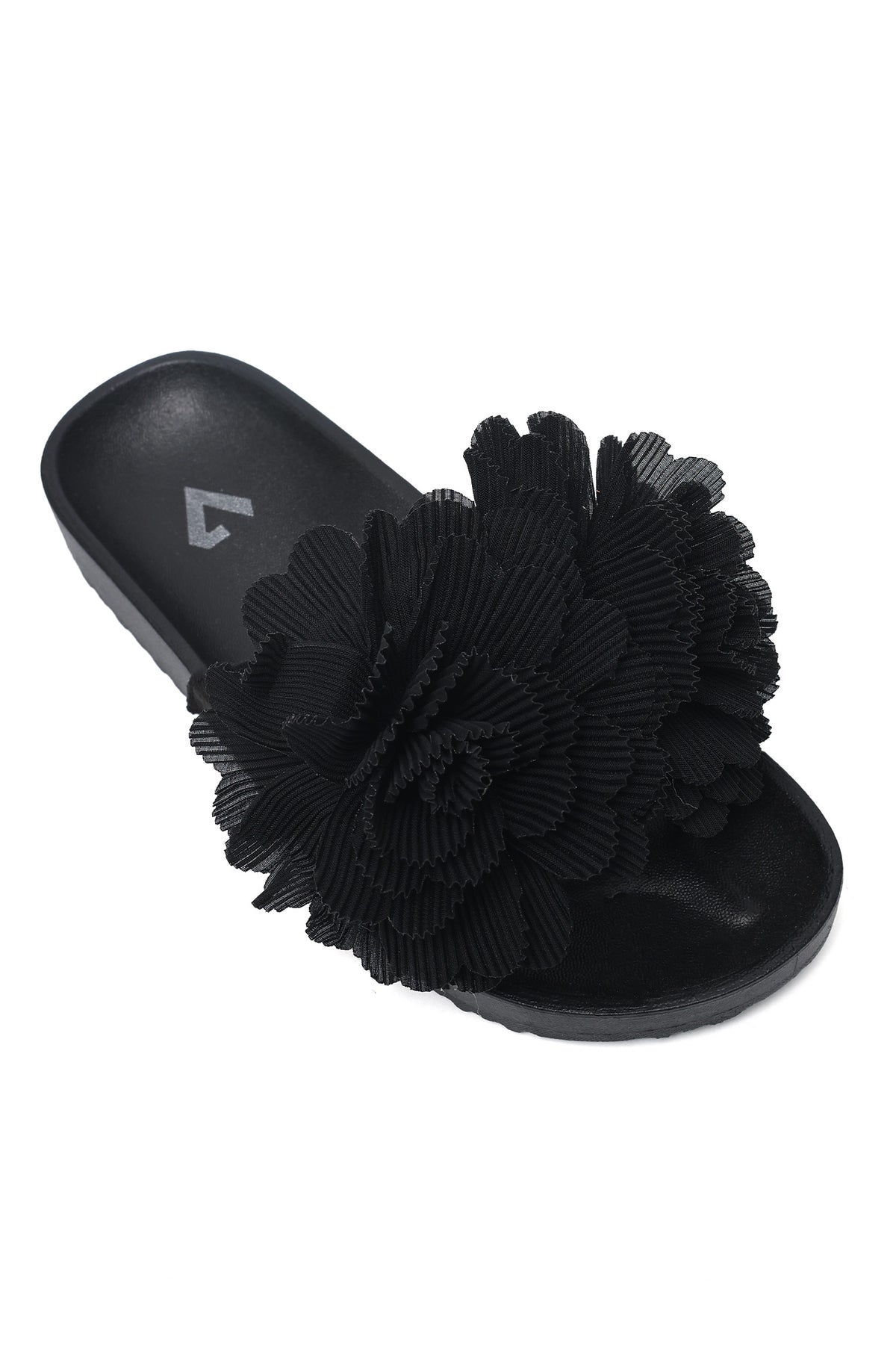 PLEATED BLOOM SLIDE SANDAL-BLACK