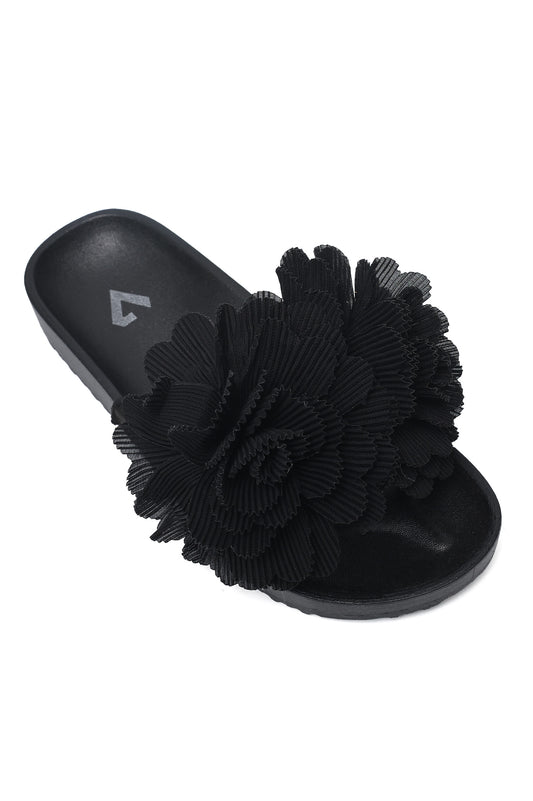 PLEATED BLOOM SLIDE SANDAL-BLACK
