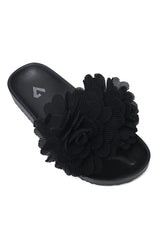 PLEATED BLOOM SLIDE SANDAL-BLACK