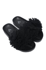 PLEATED BLOOM SLIDE SANDAL-BLACK