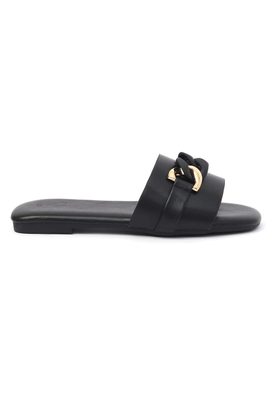 CHAIN EMBELLISHED SLIDES-BLACK