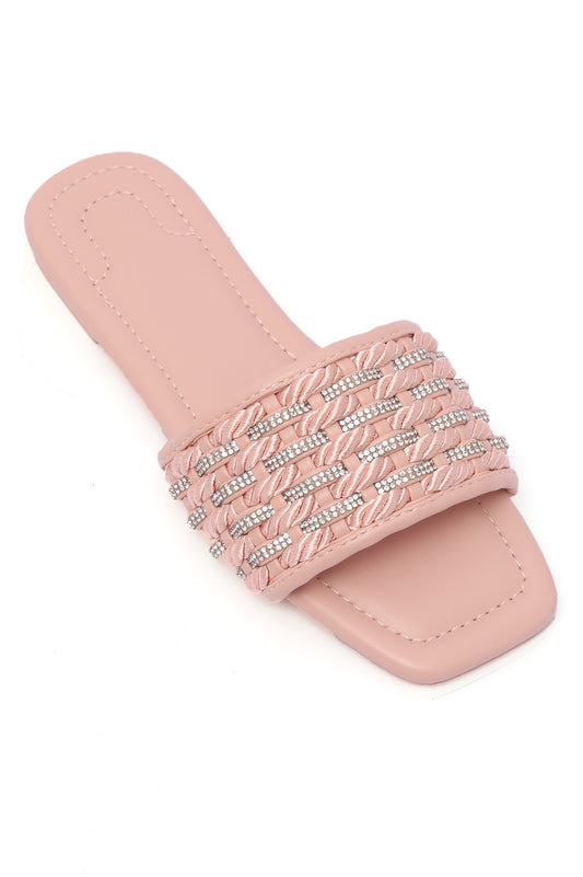CHIC WOVEN STRAP SLIDES-PINK