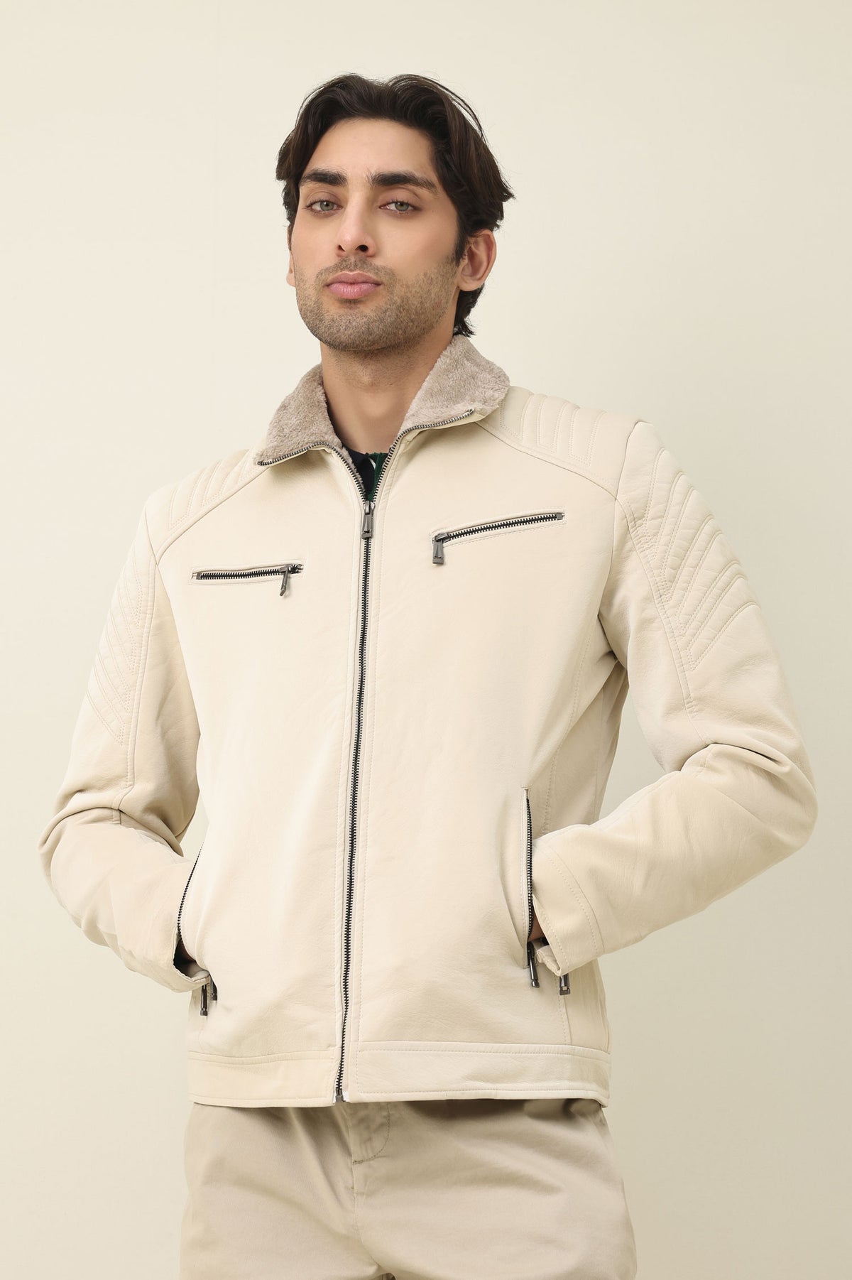 FLEECE MOTO JACKET-OFFWHITE