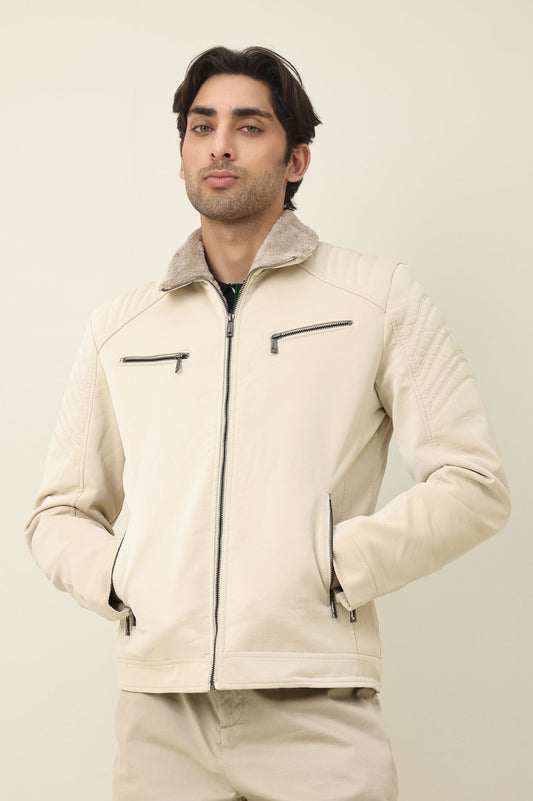 FLEECE MOTO JACKET-OFFWHITE