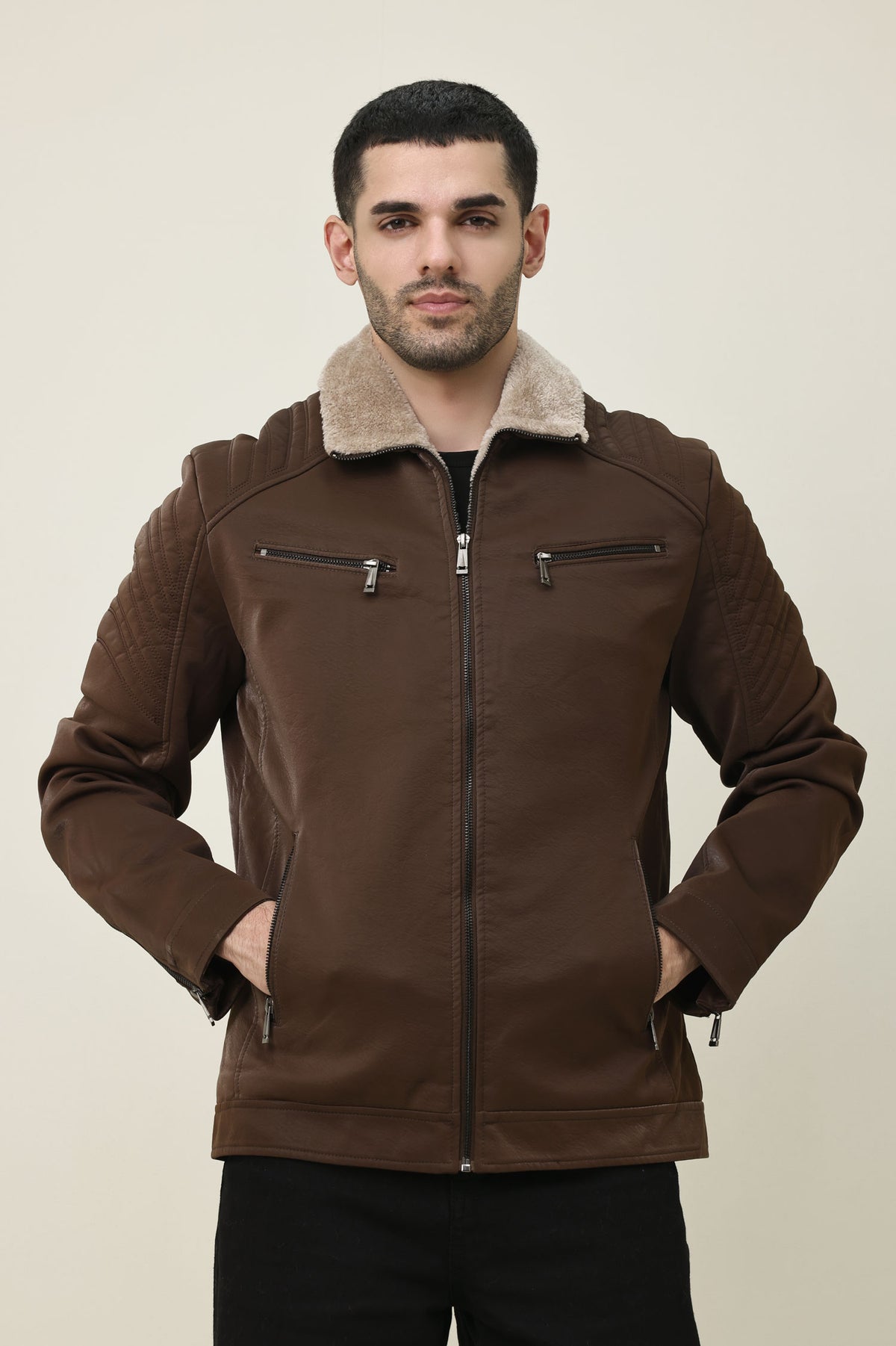 FLEECE MOTO JACKET-COFFEE