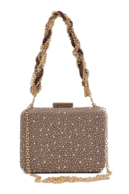RHINESTONE BOX CLUTCH BAG -BRONZE