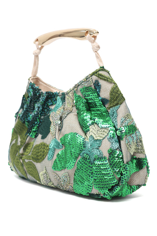 FLORAL SEQUIN HANDLE BAG-GREEN