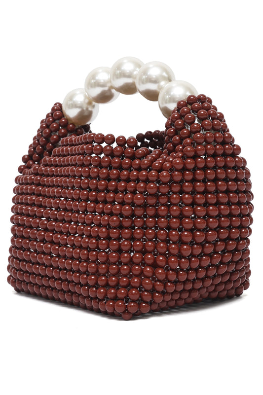 PEARL HANDLE BEAD BAG-BROWN