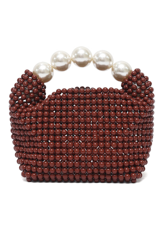 PEARL HANDLE BEAD BAG-BROWN
