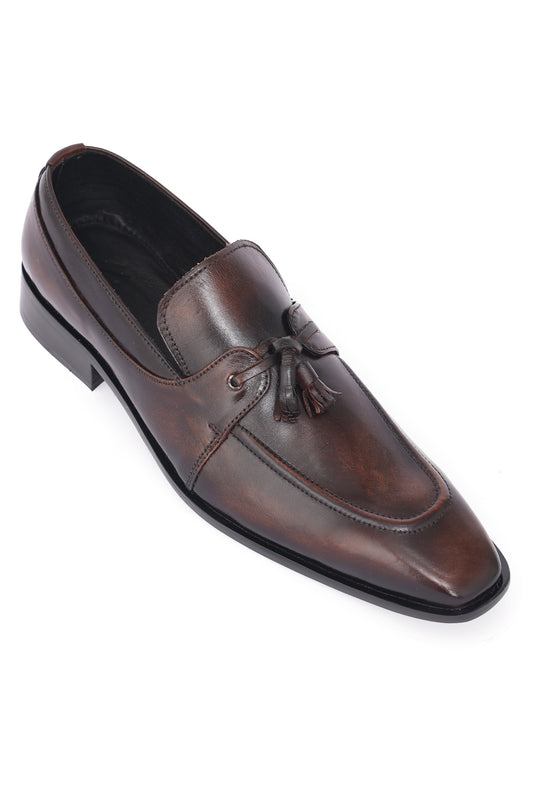 LEATHER TASSEL LOAFERS-BROWN