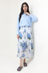 FLORAL CHIFFON PLEATED SKIRT-SKY-BLUE