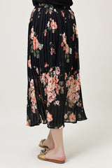 FLORAL CHIFFON PLEATED SKIRT-BLACK