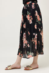 FLORAL CHIFFON PLEATED SKIRT-BLACK