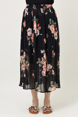 FLORAL CHIFFON PLEATED SKIRT-BLACK