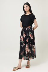 FLORAL CHIFFON PLEATED SKIRT-BLACK