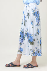 FLORAL CHIFFON PLEATED SKIRT-SKY-BLUE