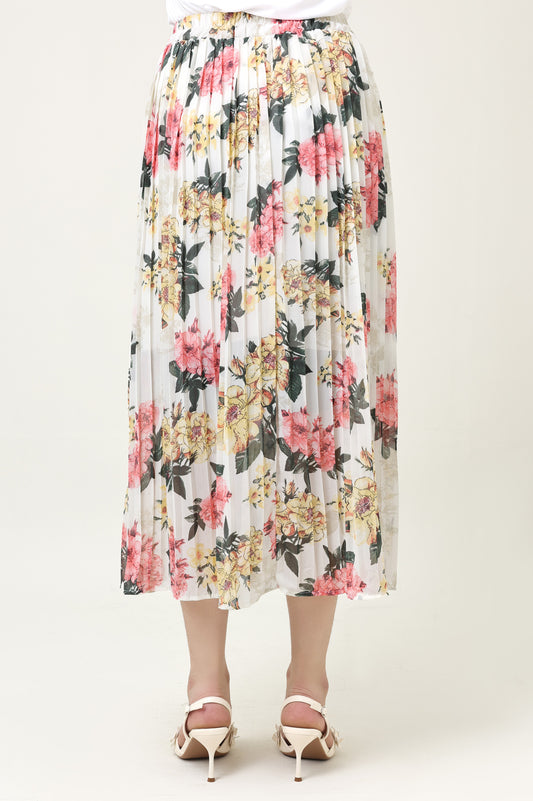 FLORAL CHIFFON PLEATED SKIRT-YELLOW