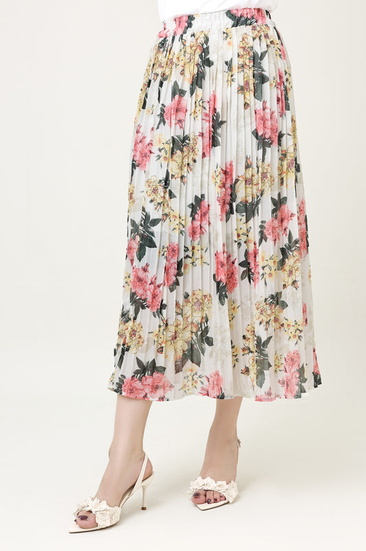 FLORAL CHIFFON PLEATED SKIRT-BEIGE