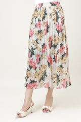 FLORAL CHIFFON PLEATED SKIRT-BEIGE