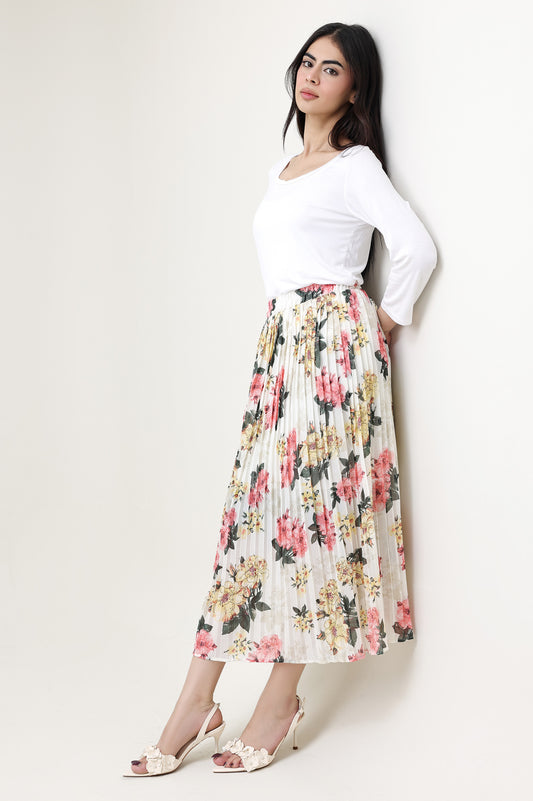 FLORAL CHIFFON PLEATED SKIRT-YELLOW