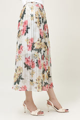 FLORAL CHIFFON PLEATED SKIRT-BEIGE