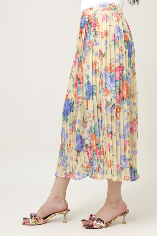 FLORAL CHIFFON PLEATED SKIRT-YELLOW