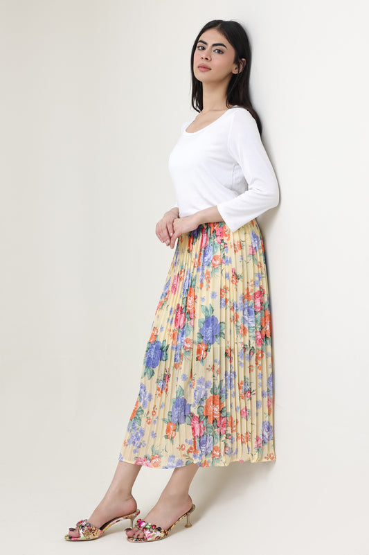 FLORAL CHIFFON PLEATED SKIRT-YELLOW