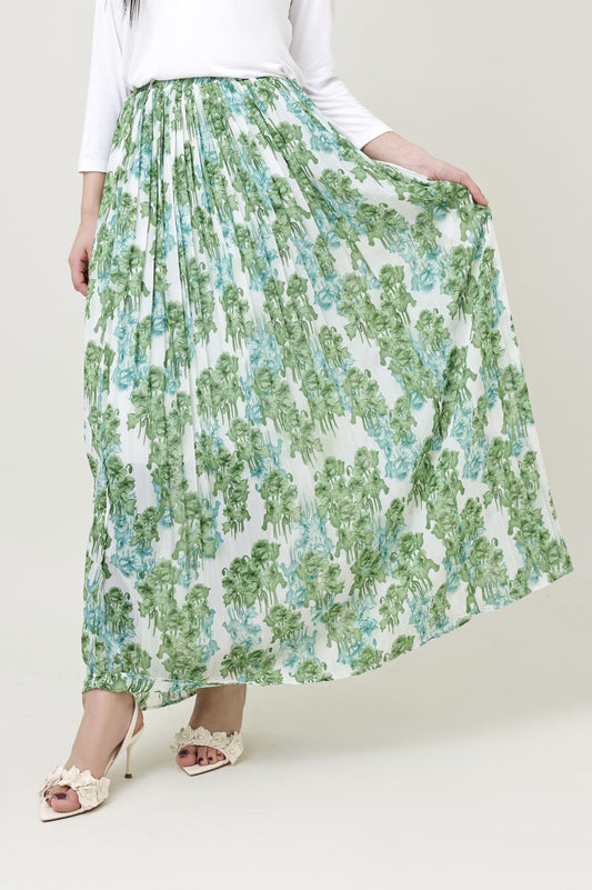 BLOOM PLEATED GEORGETTE MAXI SKIRT-GREEN