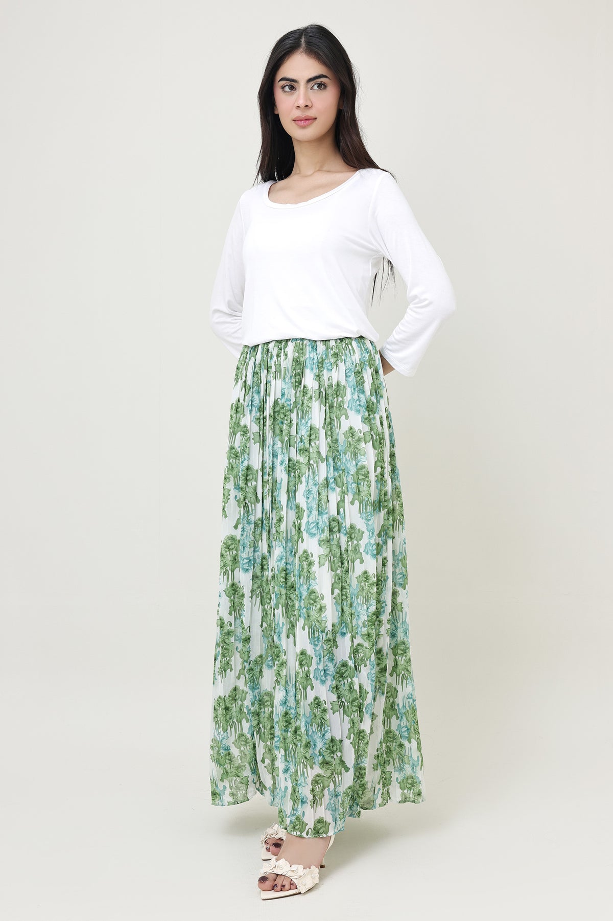 BLOOM PLEATED GEORGETTE MAXI SKIRT-GREEN