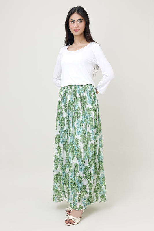 BLOOM PLEATED GEORGETTE MAXI SKIRT-GREEN