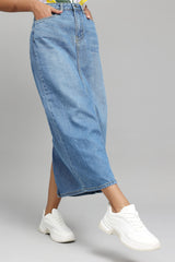 HIGH-WAIST DENIM MIDI SKIRT-MID-BLUE