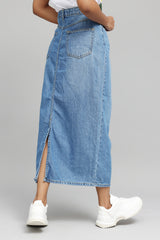 HIGH-WAIST DENIM MIDI SKIRT-MID-BLUE