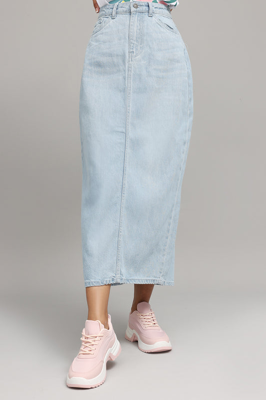 HIGH-WAIST DENIM MIDI SKIRT-SKY-BLUE