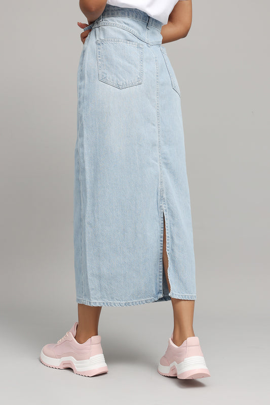 HIGH-WAIST DENIM MIDI SKIRT-SKY-BLUE