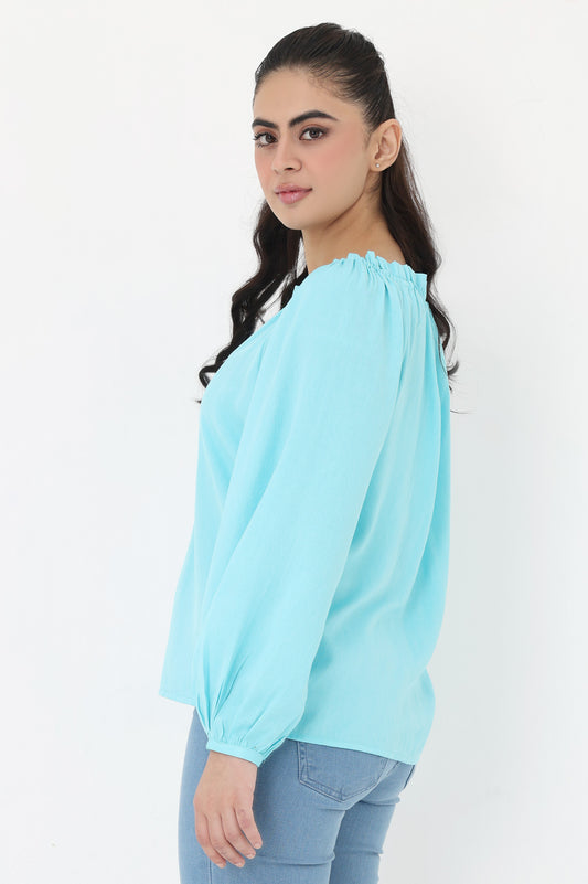 RUFFLE ELEGANCE TOP-SKY-BLUE