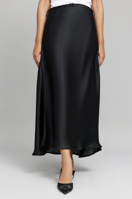 SATIN ELEGANCE MAXI SKIRT-BLACK