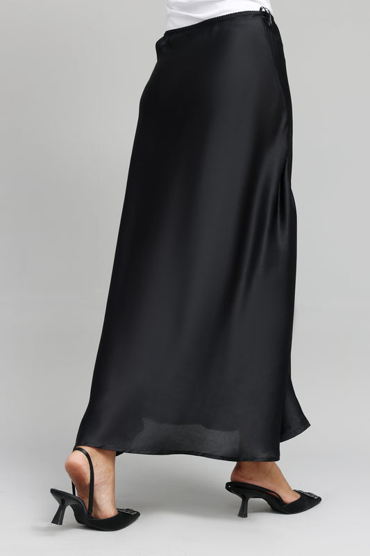 SATIN ELEGANCE MAXI SKIRT-BLACK