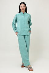 CO-ORD SET WITH MANDARIN COLLAR SHIRT & RELAXED TROUSER-GREEN