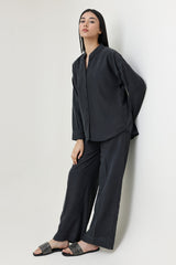 CO-ORD SET WITH MANDARIN COLLAR SHIRT & RELAXED TROUSER-BLACK