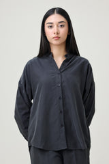 CO-ORD SET WITH MANDARIN COLLAR SHIRT & RELAXED TROUSER-BLACK